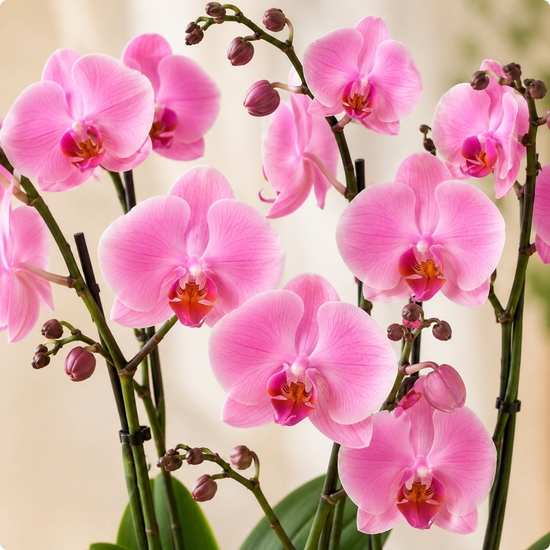 Arrangement Orchidée Rose Élégance avec orchidées Phalaenopsis roses en contenant décoratif 123fleurs