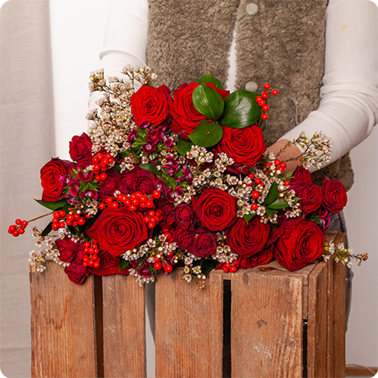 Bouquet Couture avec de la rose rouge intense