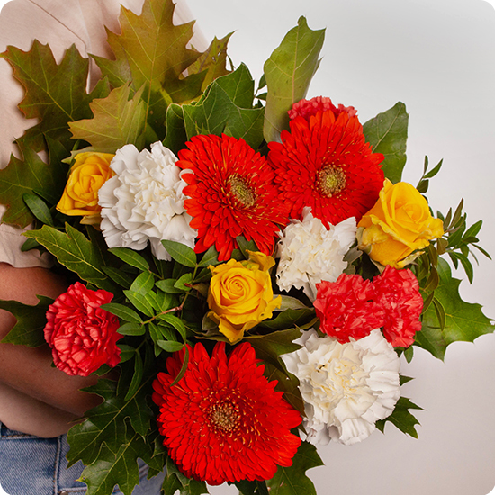 Bouquet de fleurs Viva avec de l'oeillet, de la rose et du gerbera