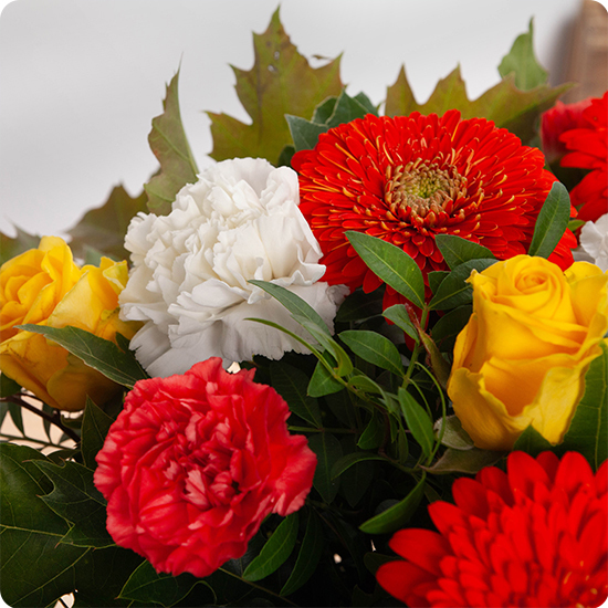 Bouquet de fleurs Viva avec de l'oeillet, de la rose et du gerbera