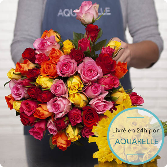 Bouquet de roses Arlequin + 30 jonquilles - Livraison de fleurs | 123Fleurs