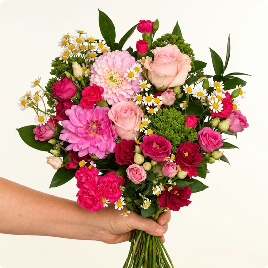 Bouquet de Saison - tons roses et fuchsia, livré en 3h