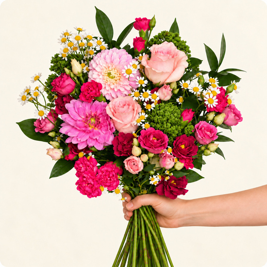 Bouquet de Saison - tons roses et fuchsia, livré en 3h