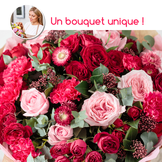 Bouquet du fleuriste tons roses et rouges