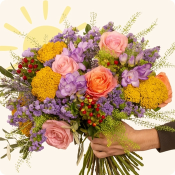 Bouquet Estival rond aux fleurs fraîches de saison dans les tons jaune, violet, rose et blanc
