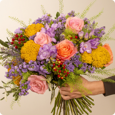 Bouquet Estival rond aux fleurs fraîches de saison dans les tons jaune, violet, rose et blanc