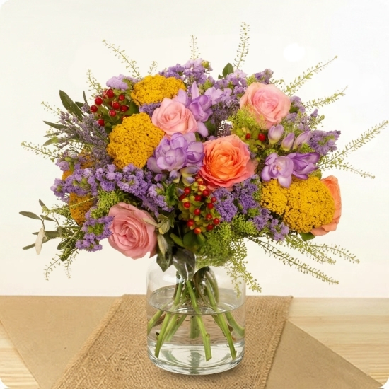 Bouquet Estival rond aux fleurs fraîches de saison dans les tons jaune, violet, rose et blanc