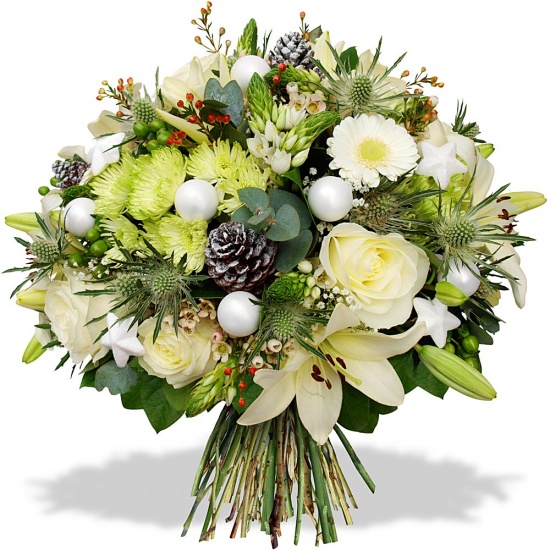 Généreux bouquet de roses et de fleurs de saison blanches, rehaussées de fleurs de saison vertes, mis en valeur par 