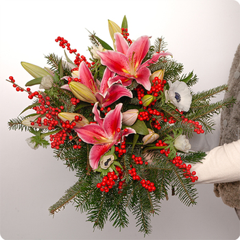 Bouquet Féérie de lys roses et anémones blanches