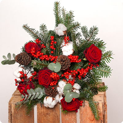 Bouquet Fleurs de coton dans les teintes rouges, vertes et blanches