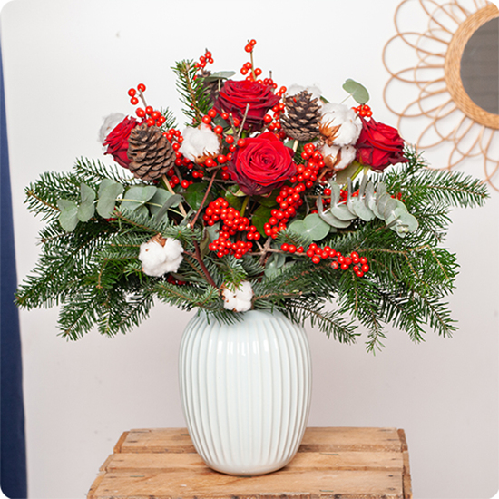 Bouquet Fleurs de coton dans les teintes rouges, vertes et blanches