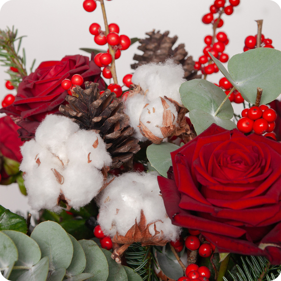 Bouquet Fleurs de coton dans les teintes rouges, vertes et blanches