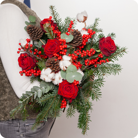 Bouquet Fleurs de coton dans les teintes rouges, vertes et blanches