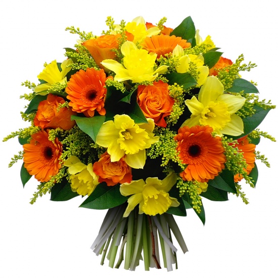 Pétillant bouquet de fleurs rond, tons orangé et jaune, symbole de chaleur et de belle humeur