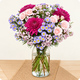 Bouquet Lamira - composition florale avec roses roses pâles, chrysanthèmes violets, asters mauves et feuillage fin