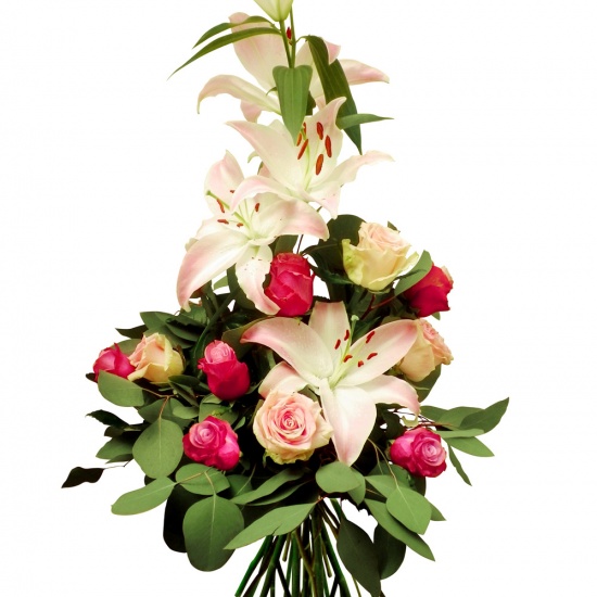 Majestueux bouquet assemblé en hauteur... Un bouquet de fleurs, roses et lys 100% déco !

Bouquet de fleur