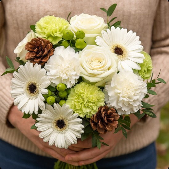 Bouquet rond hivernal blanc et vert avec roses, gerberas et pommes de pin naturelles. Élégance d’hiver. Livraison rapide avec 123fleurs.