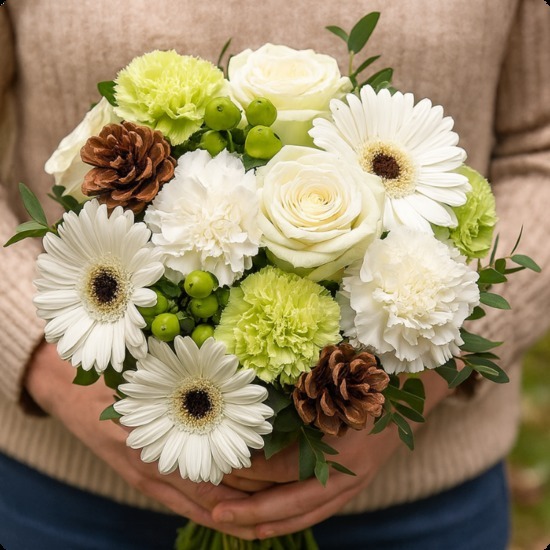 Bouquet rond hivernal blanc et vert avec roses, gerberas et pommes de pin naturelles. Élégance d’hiver. Livraison rapide avec 123fleurs.
