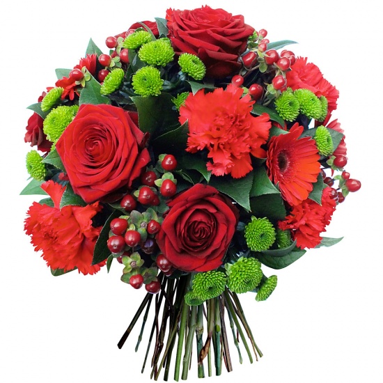 Très beau bouquet de fleurs rond composé d'une multitude de fleurs rouges rehaussées de végétaux fleuris et de feuillages sophist