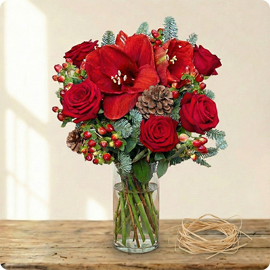 Le Bouquet Nuit de fête est une création élégante et chaleureuse aux teintes rouges festives. Livraison rapide 7j/7.