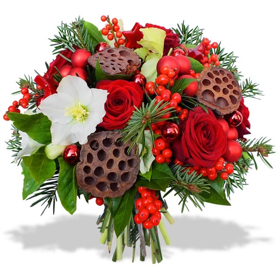 Beau et chaleureux bouquet de fleurs aux couleurs de Noël,  un bouquet plein de charme sous le signe du cœur !&