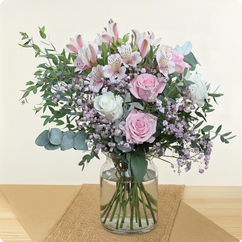 Bouquet Rose Inca roses roses et alstroemerias blanches en bouquet rond