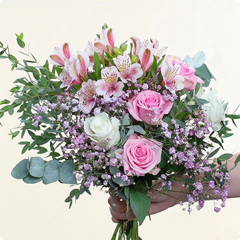 Bouquet Rose Inca roses roses et alstroemerias blanches en bouquet rond