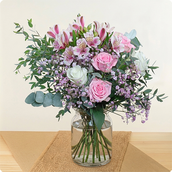 Bouquet Rose Inca roses roses et alstroemerias blanches en bouquet rond