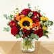 Bouquet Solana composé d'un tournesol, de roses rouges, de roses orange et jaunes, avec camomille et eucalyptus - Livraison de fleurs 123fleurs
