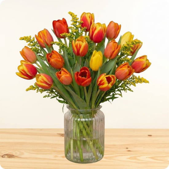 Bouquet coloré de tulipes jaunes, orange et rouges avec solidago