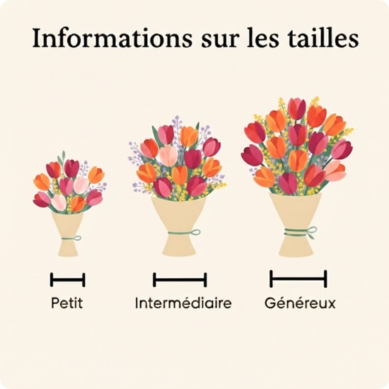 Bouquet rond de tulipes rouges, fuchsia et corail avec feuillage et fleurs de cire