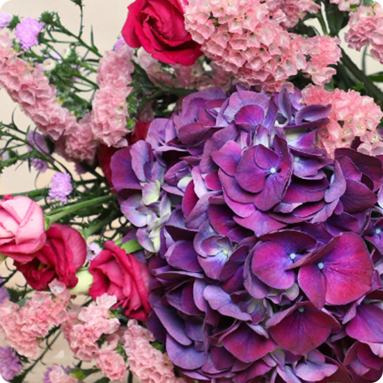 Bouquet Violetta avec hortensia violet et fleurs roses – Composition florale raffinée