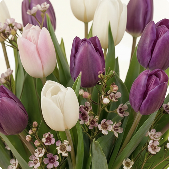 Bouquet de tulipes blanches, roses et violettes avec du wax