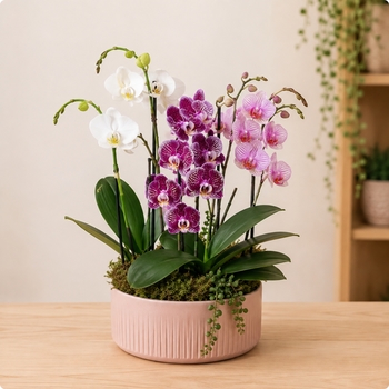 Cascade d'orchidées multicolores en pot avec cache-pot au choix du fleuriste