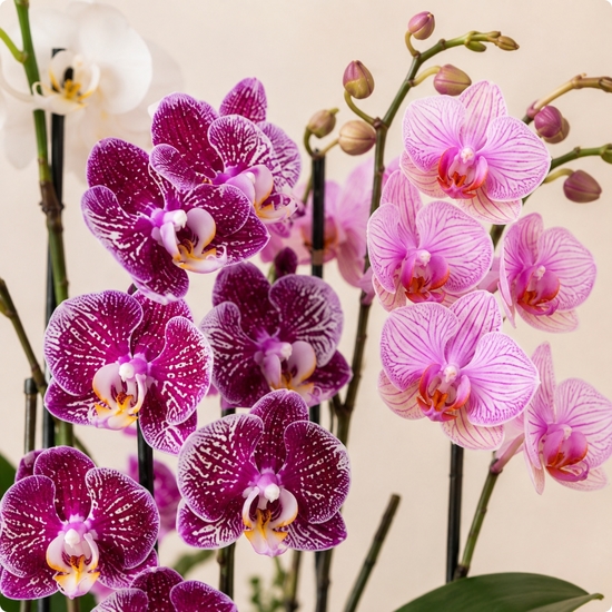 Cascade d'orchidées multicolores en pot avec cache-pot au choix du fleuriste