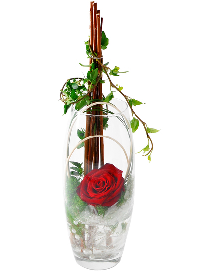 Bouquet de fleurs fascinant et original, composé d'une superbe rose dans une bulle de verre… Un cadeau de rose qui t