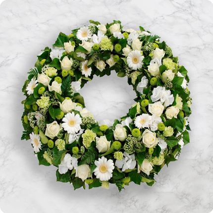 Couronne Gerbera et Roses Blanches Souvenir blanche et verte pour hommage funéraire