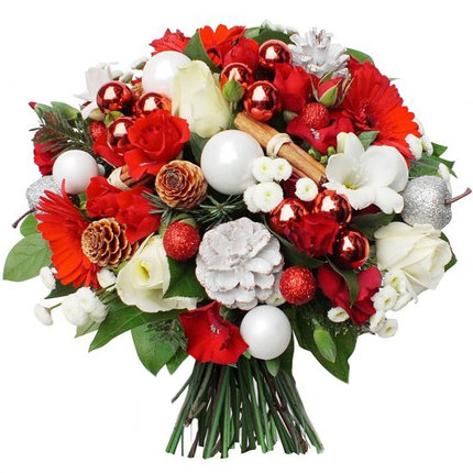 Offrez ce magnifique bouquet rond aux tons rouge et blanc, pour célébrer les fêtes en fleurs !