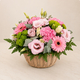 Composition de deuil Louange, roses roses et gerberas en cache-pot zinc