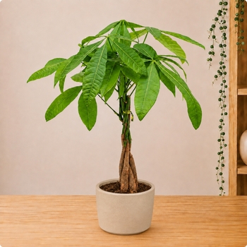 Pachira tressé en pot avec cache-pot au choix du fleuriste