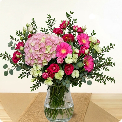 Panache – Bouquet hortensia rose et fleurs de saison