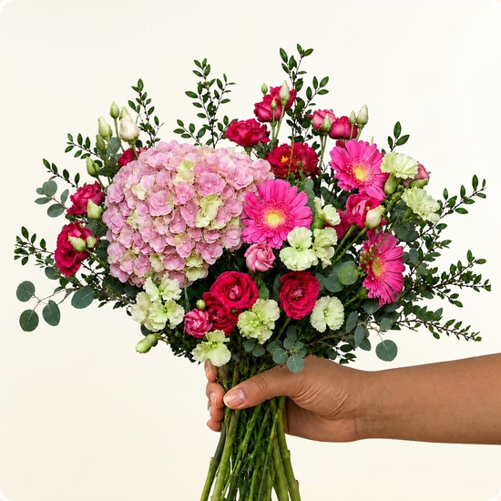Panache – Bouquet hortensia rose et fleurs de saison
