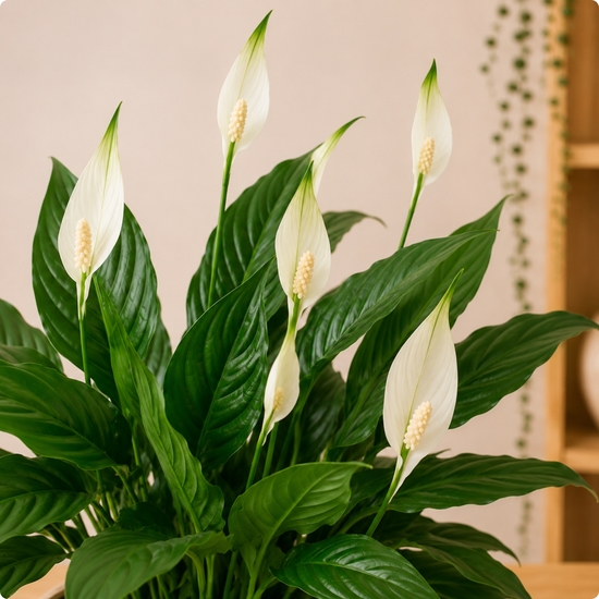 Spathiphyllum en fleurs en pot avec cache-pot au choix du fleuriste