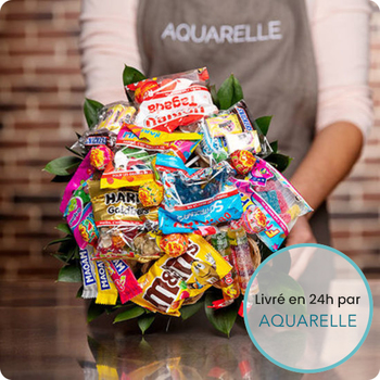Retrouvez tous les plaisirs gourmands de votre enfance dans ce bouquet de bonbons insolite signé Aquarelle. Sucettes, guimauves et sucreries acidulées vous attendent !