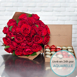 un bouquet de roses Madame RED + coffret 100% coeurs